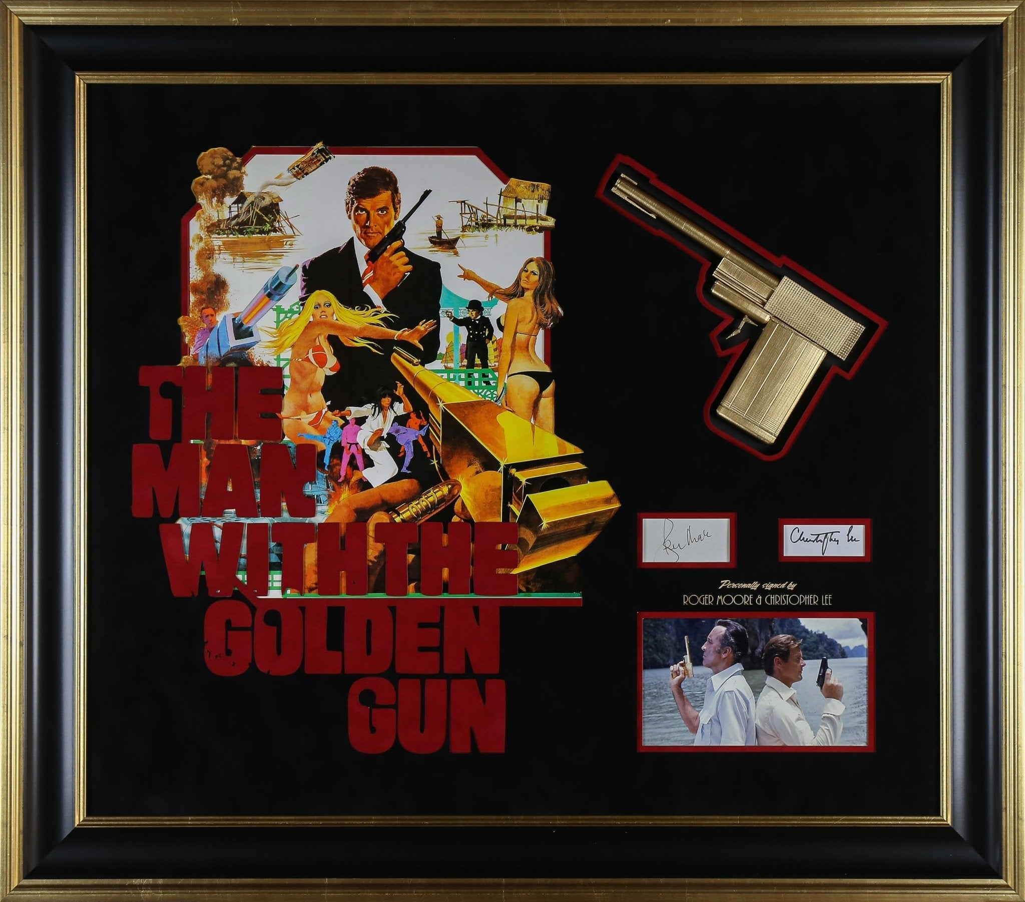 Roger Moore and Christopher Lee, 007 Signed White card Framed Display with Golden Gun - Memorabilia Framers Shop